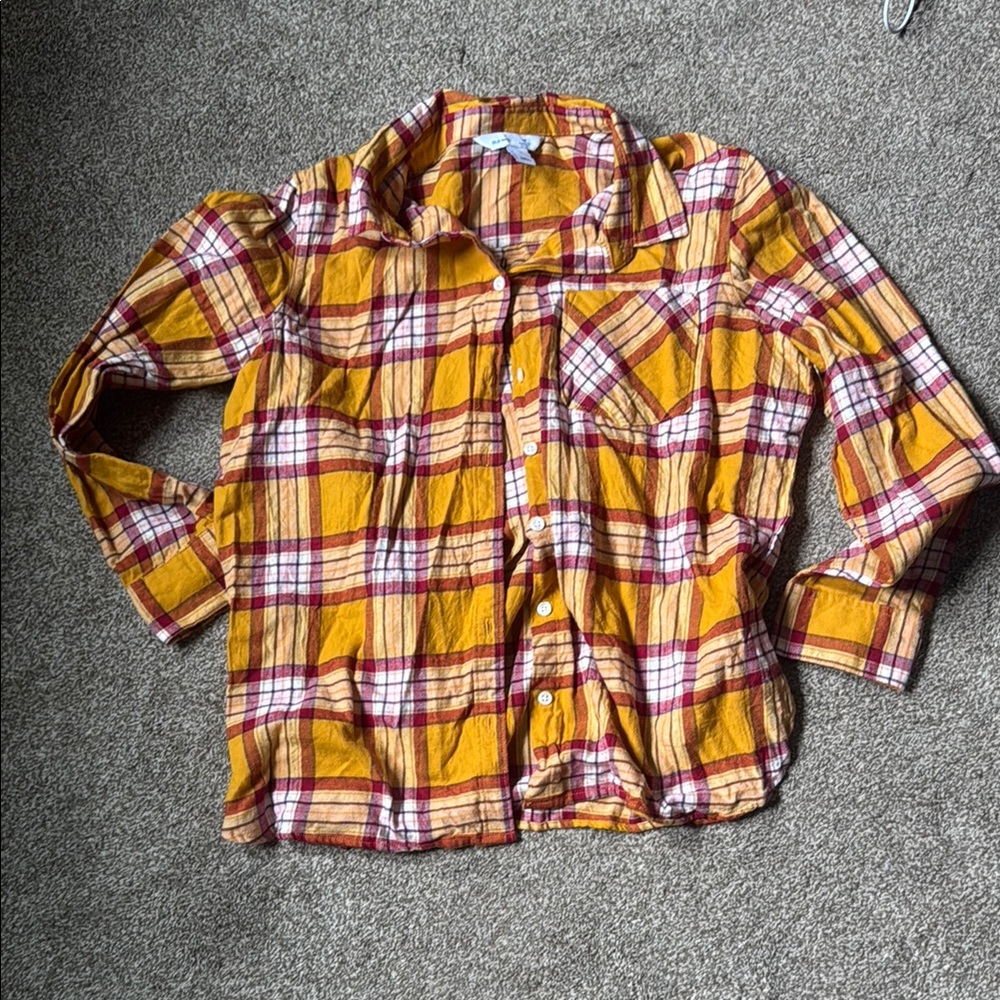 Old Navy Women's Yellow and Red Plaid Button Down Shirt